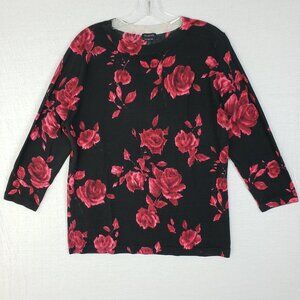 Talbots Pure Merino Wool Sweater Pullover Knit Floral Rose Print Dark Romantic L
